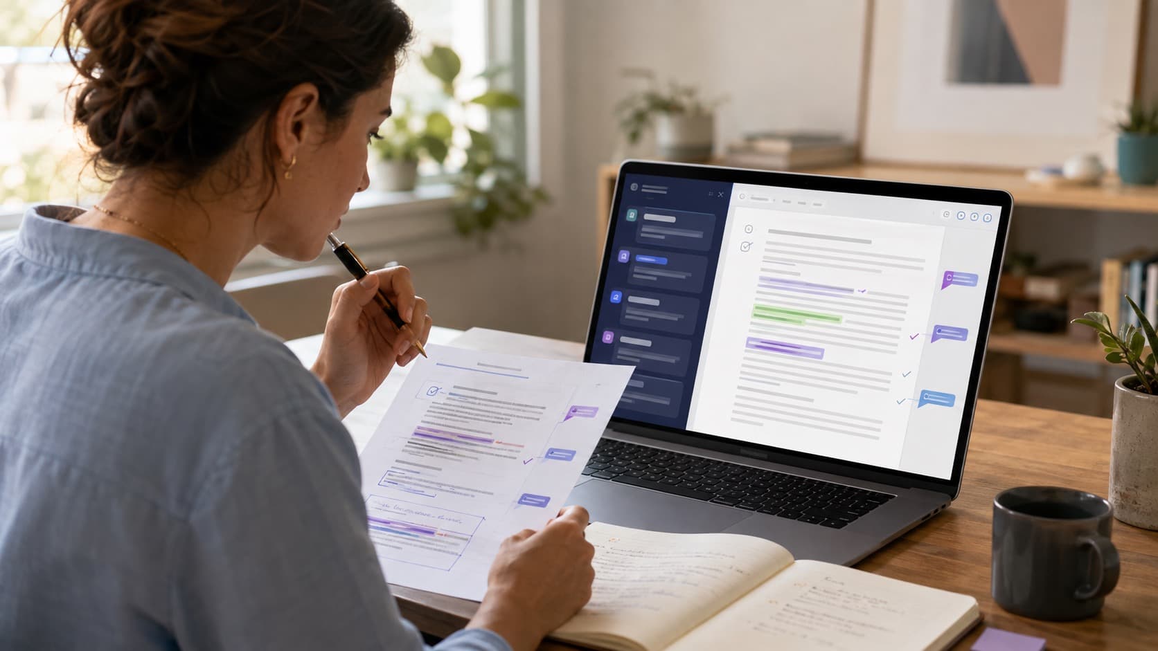 A professional reviewing and editing AI-assisted work before sharing it with a team.
